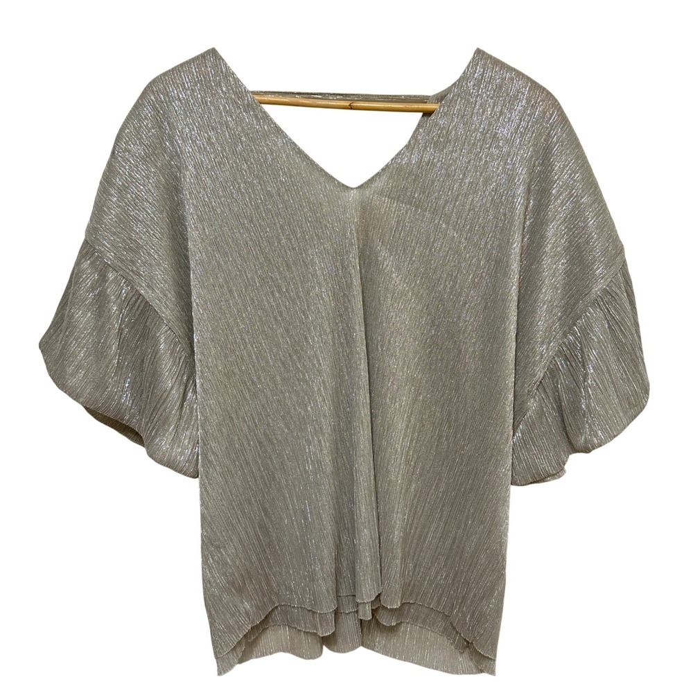 Anthropologie Vanessa Virginia Metallic Blouse Women Small Silver Chic Party Top